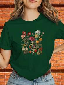 Women's "Navy Floral" Designer T-Shirt, Y2K Style, With Geometric Print And Logo, Loose Fit, Short Sleeve, Black And Gold Color, Casual Summer Shirt, Machine Washable Stretch Fabric (Anti-Wrinkle), Suitable For Casual Wear And Layering. - 綠色 - 查看 12