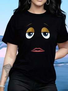 Camiseta de Mujer, Camiseta con Cara de Dibujos Animados, Ojos Grandes y Características Expresivas, Top Casual para Mujer, Camiseta Gráfica Blanca, Pieza de Moda. Aplicable a: Uso Diario, Hogar, Paseos al Aire Libre, Día de San Valentín, Regalos Navideños, Camiseta, 220g. - Negro - Ver 1