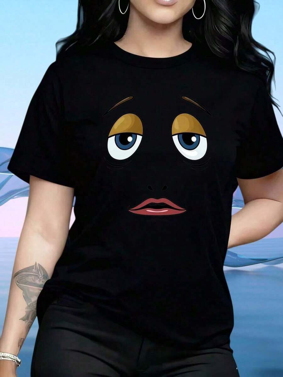 Camiseta de Mujer, Camiseta con Cara de Dibujos Animados, Ojos Grandes y Características Expresivas, Top Casual para Mujer, Camiseta Gráfica Blanca, Pieza de Moda. Aplicable a: Uso Diario, Hogar, Paseos al Aire Libre, Día de San Valentín, Regalos Navideños, Camiseta, 220g. - Negro - Ver 1