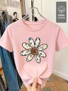 100% Cotton T-Shirt With Multicolor Floral Mandala - Rose - View 4