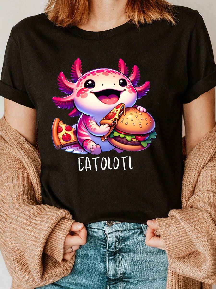 Axolotl Print Camiseta de Manga Corta, Casual Cuello Redondo Top Para Verano y Primavera, Ropa de Mujer - Negro - Ver 1
