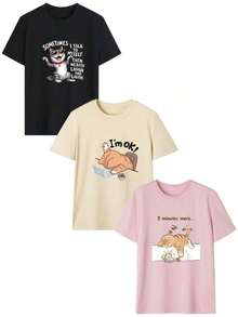 1 pieza/Set de camiseta de manga corta con cuello redondo y estampado gráfico de gato, estilo minimalista y lindo, nueva para el verano, blusa casual versátil y a la moda para mujeres. - Albaricoque - Ver 3