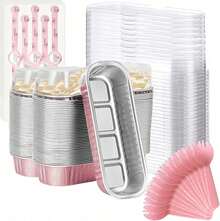 50 Pack 6.8oz Rectangle Aluminum Foil Mini Loaf Baking Pans With Lids And Spoons, Disposable Foil Baking Tin Containers For Cupcake Cheesecake Creme Brulee Ramekins - 50pcs-Loaf Baking Pans with Lids And Spoons pink - 查看 7