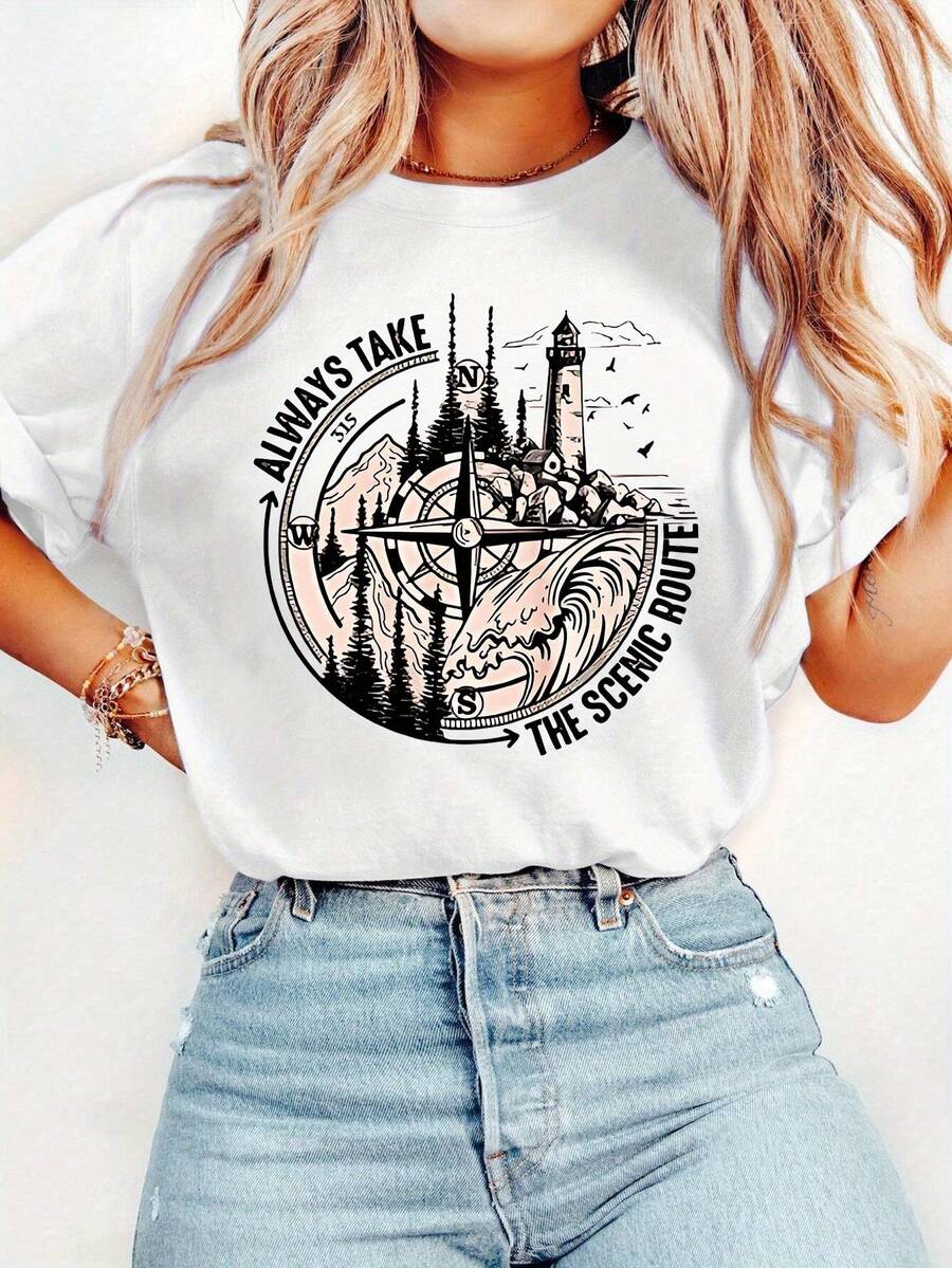 Women's Retro Nautical Compass And Lighthouse Print T-Shirt - Casual Short Sleeve, Lightweight Polyester, Perfect For Casual Outfits, Birthdays And Gifts, Everyday Wear T-Shirt | Retro Nautical Design | Comfortable Fit Y2k T-Shirt - 黑色 - 查看 1