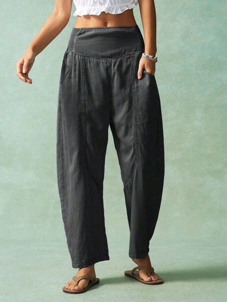 BohoFeels Pantalones rectos de mujer de unicolor, versátiles y de tejido sencillo - Negro - Ver 1