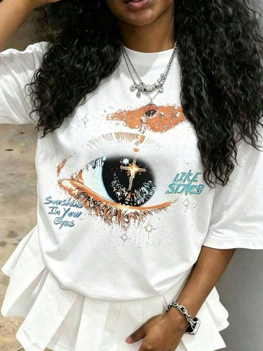 Cotton Clothing For Teenage Girls, Y2K-Inspired Letter Print T-Shirt - Casual Crew Neck, Short Sleeves, Machine Washable - Perfect For Spring/Summer/Autumn, Fashion, Streetwear, Unisex, Men, Women - 白色 2 - 查看 1