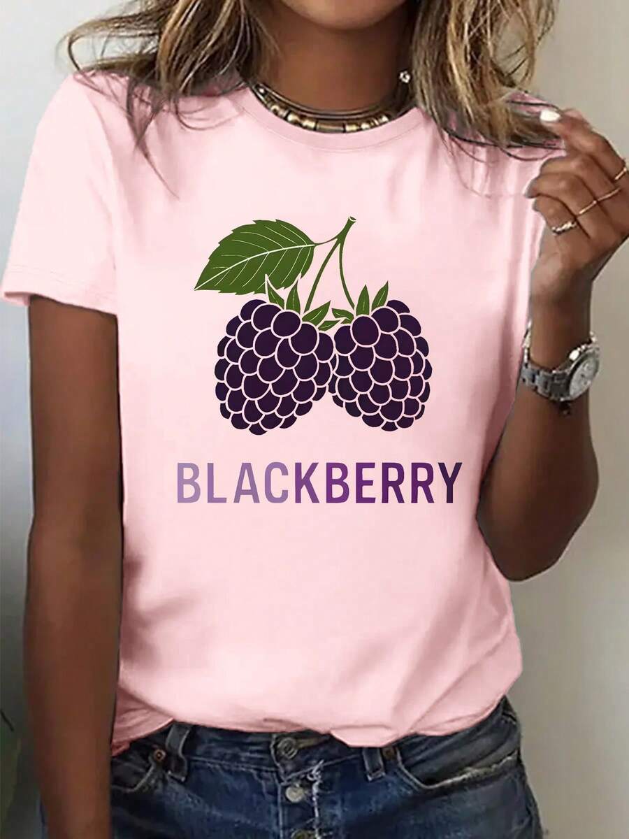 Plus Size, Women's Oversized T-Shirt With Blackberry Fruit Print - Casual Round Neck Blouse Suitable For Autumn/Winter, Machine Washable, Ideal For Casual And Berry Themed Outfits. - 藕色 - 查看 1
