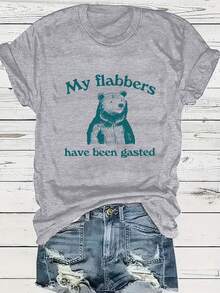 Women's Plus Size Casual T-Shirt With "My Flabbers Have Been Gasted" Raccoon Letter Print, Crew Neck, Slightly Stretchy Fabric, Autumn/Winter Collection, Raccoon T-Shirt - 灰色 - 查看 1