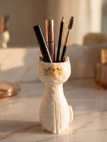 1Pc Milk White Cat Shape Resin Makeup Brush Holder - Creative Cartoon Cute Desk Organizer For Vanity, Lipstick & Eyebrow Pencil Storage, Gift For Her | Home Decor, Room Decor, Boho Decor, Desk Decor, Vanity Organizer, Cute Collectible, Unique Gift, Table Centerpiece - View 7