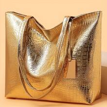 New Crocodile Print Women's Fashion Tote Bag, Simple And Spacious Women's Shoulder Bag, Everyday Commuting Handbag, Shopping And Travel Item Organizer, Phone Bag And Wallet, Back-To-School Season Book And Item Bag - 金色 - 查看 2