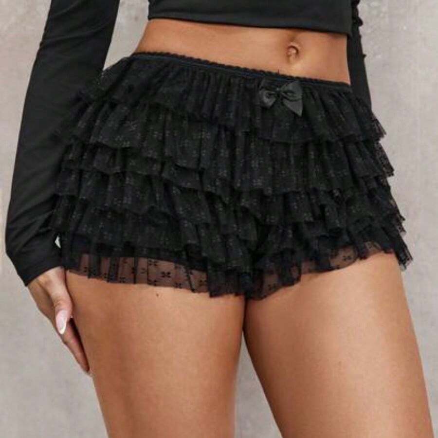 Plus Size Women's Fashion Sexy Street Teen Girls Polka Dot Lace Ruffle Trim Low Waist Mini Shorts, Ballet Style, Suitable For Everyday Wear, Western Wear, Cruise Attire, Music Festival, Concert, Carnival Party, Beach Vacation, Date Night, Birthday, Bachelorette Party, Club, Cute, Casual, Shopping, Streetwear, Going Out, Easy To Match & Looks Slim, Accent Your Body, Flatter The Figure Mini Short Micro Short - Negro - Ver 1