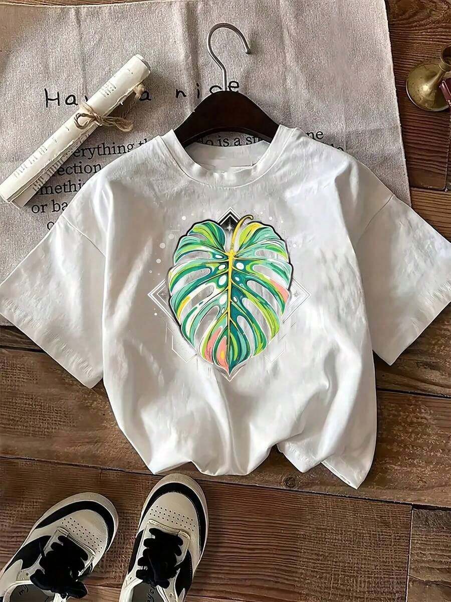 1 Piece. This Is A 100% Unisex Short-Sleeve Casual T-Shirt With A Colorful Tropical Monstera Leaf Design. It Has A Relaxed Crew Neck And Is Incredibly Soft, Breathable, And Lightweight, Making It Ideal For Summer. Perfect For Everyday Wear Or Vacations. 180g 100% Cotton. - 白色 - 查看 1