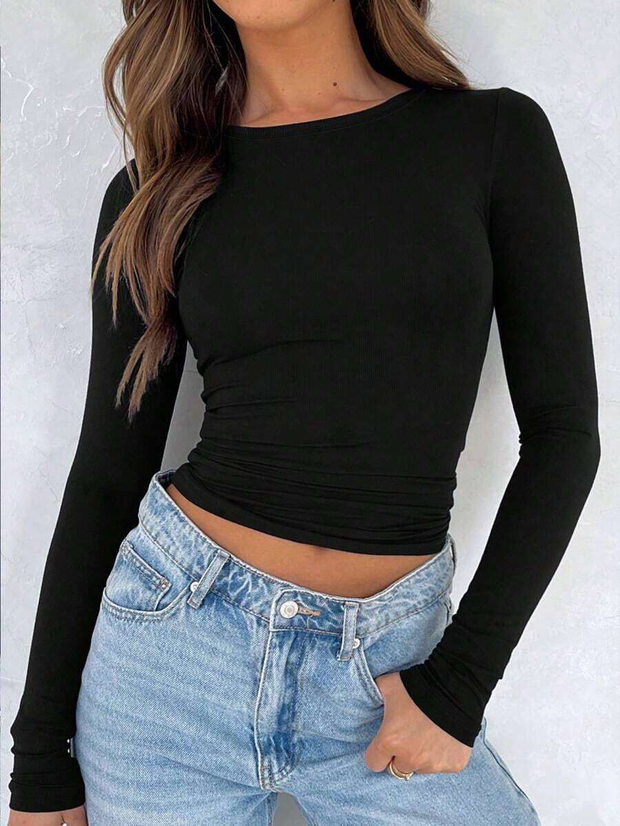 Camiseta De Verano Para Mujer unicolor De Cuello Redondo Y Manga Corta De Ajuste Delgado - Negro 2 - Ver 1