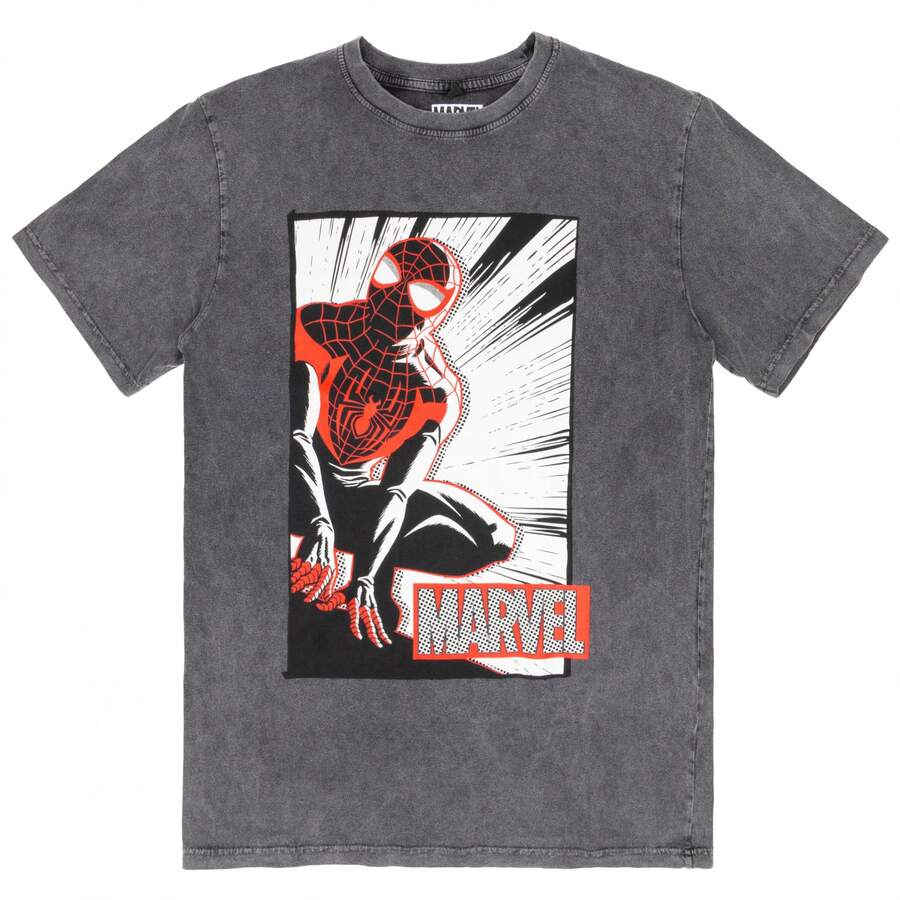 Spider-Man Crouch Charcoal Stone Wash T-Shirt - 灰色 - 查看 1
