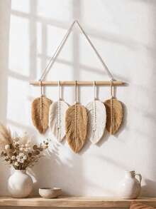 1 pieza Colgante de pared con hojas estilo bohemio, diseño de plumas de colores neutros, arte de pared de macramé, decoración del hogar de estilo bohemio moderno, 5 hojas en una vara de madera, estética vintage y natural, perfecto para la sala de estar, dormitorio, oficina, entrada, agrega un ambiente acogedor a interiores bohemios y minimalistas. - A - Ver 6