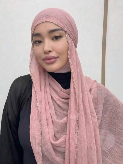 1 chiếc khăn trùm đầu Hijab viền ren đính hạt, phù hợp cho phụ nữ Hồi giáo mặc dự tiệc và hàng ngày.