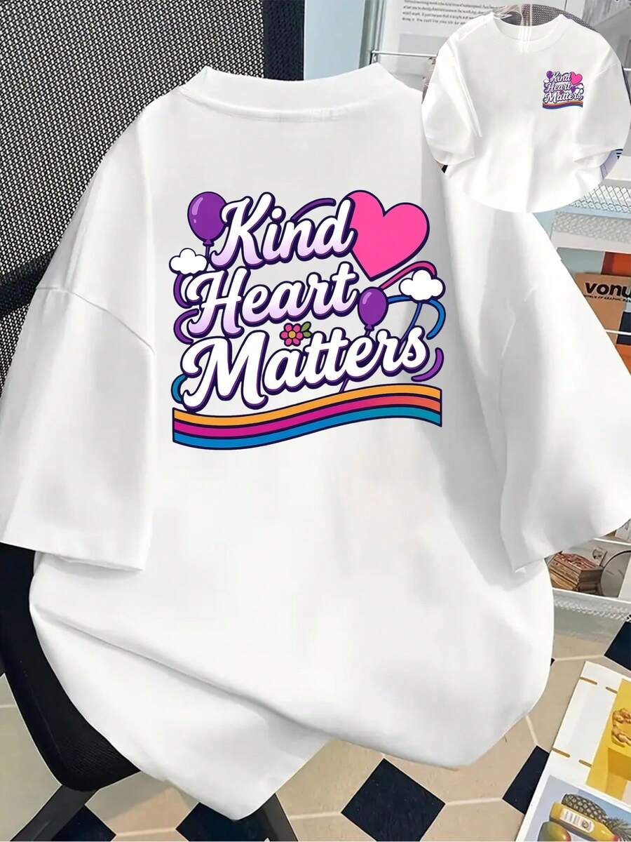 Women's T-Shirt With Kindness And Love Slogans - Front And Back Print, Short Sleeve With Heart Design, Casual Round Neck Blouse For Spring And Summer, Machine Washable Love And Kindness Themed T-Shirt For All Seasons Outfits, Y2k T-Shirt - 白色 - 查看 1