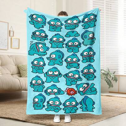  1pc Comfortable Hangyodon Pattern Flannel Blanket, Soft Polyester Knitted Design, Versatile Use, Machine Washable, Plush Throw Blanket, Ideal Gift For Home, Travel, Outdoor, All Seasons, Suitable For Sofa, Bed, Office Or Travel, Perfect For Movie, Nap, Bedroom, Office, Car, Sanrio Blanket