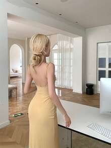 Vestido largo de cola de sirena para mujer, color amarillo mostaza, diseño de tirantes anchos en U, tejido de punto elástico ajustado, estilo elegante, ideal para fiestas y eventos formales. - Amarillo - Ver 9