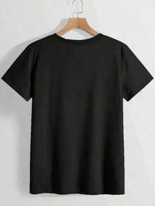 Tops para Mujer 2026 Primavera: Tops de Moda con Estampado de Letras, Camiseta de Algodón Puro con Cuello Redondo para Mujer, Diseño Sencillo, Cómoda y Transpirable, Adecuada para Uso Diario Casual, Versátil, Muestra un Estilo Natural y Elegante, Esencial para Fiestas de Verano, Entrega Local, Ropa de Verano Holgada y Cómoda. - Negro - Ver 3