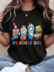 Camiseta de Mujer con Estampado de Personajes y Texto, Cuello Redondo, Corte Estándar, Ropa Casual, Idea de Regalo - Estilo Urbano Vintage, Unisex, Holgada, de Algodón, Manga Corta, Cuello Redondo, Blusas para Mujer, Playeras de Mujer, Blusas Casuales para Dama - Negro - Ver 6