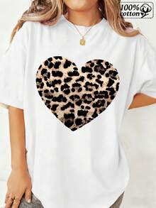 Moda mujer camiseta blanco frontal impresión leopardo corazón patrón cómodo casual uso diario - Blanco - Ver 2