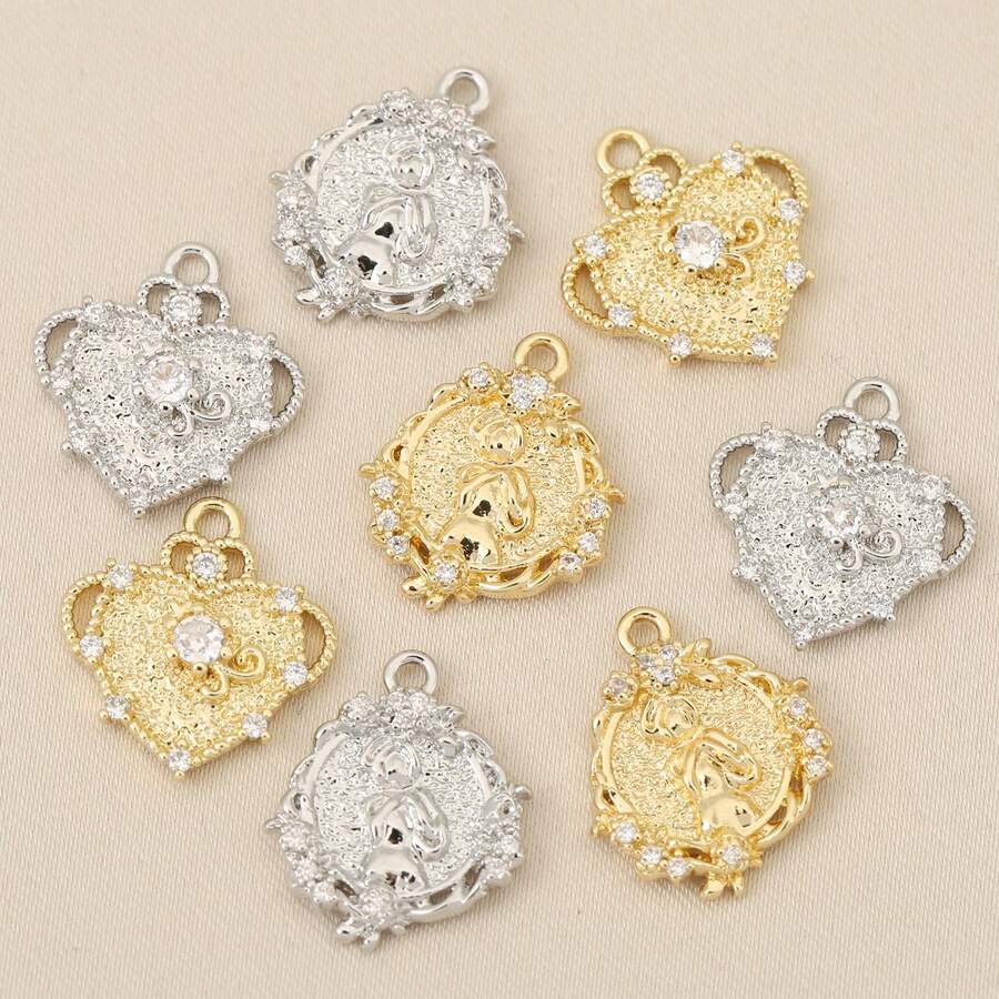 10件套金/银镀层串饰吊坠,铜材质,包含天使、爱心、星星、蝴蝶结、瓶子、花朵和龙虾造型吊坠,镶嵌立方氧化锆,适合DIY手链项链等手工饰品制作。 - DIY吊墜 - 查看 1