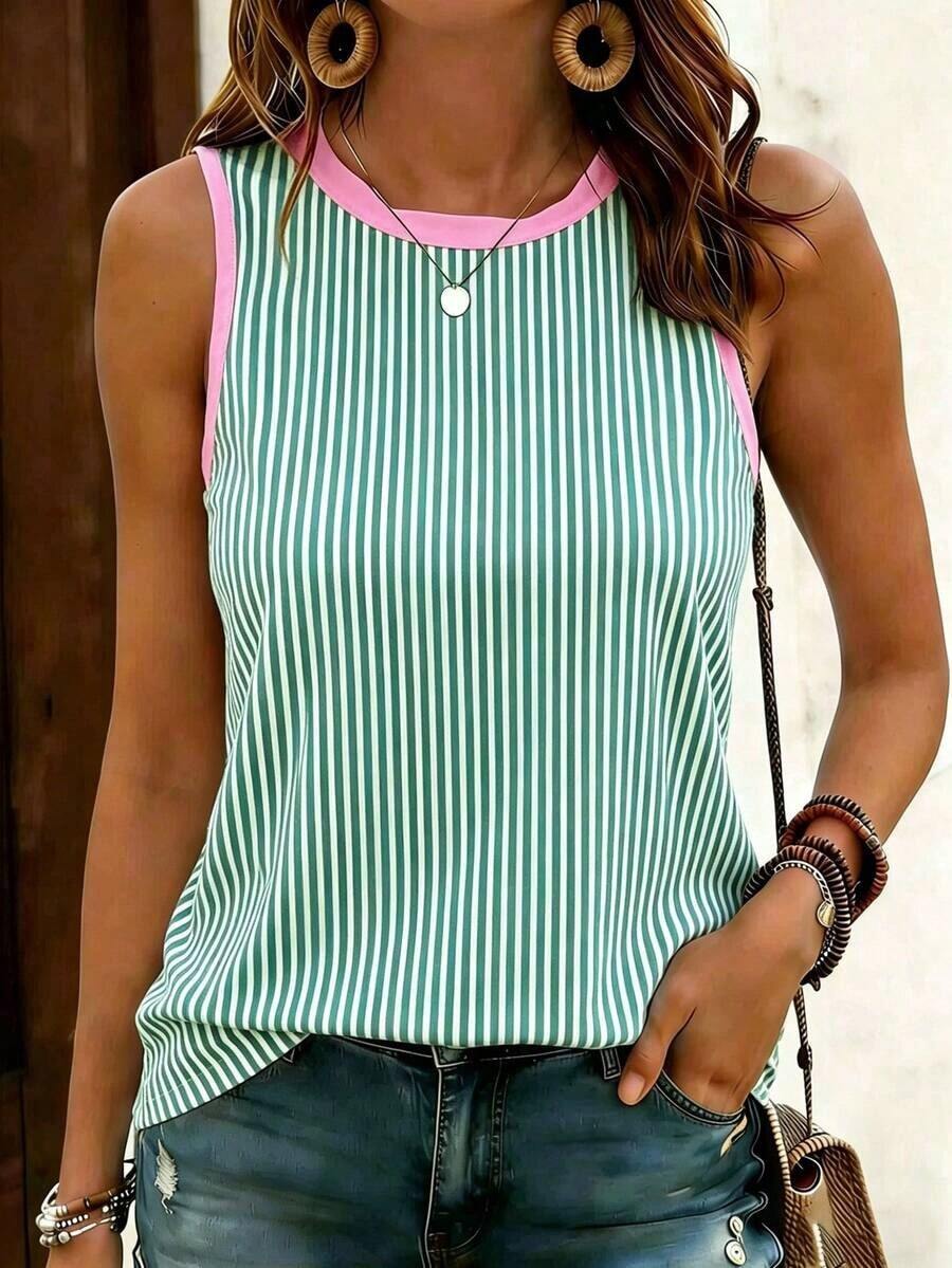 Camiseta sin mangas casual de cuello redondo con estampado floral para mujer, camisa cómoda para uso diario en verano. - Multicolor 4 - Ver 1
