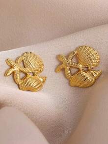 New Arrival Ocean Vacation Style Starfish, Shell, Conch Stacked Pattern Earrings - Gold - View 3