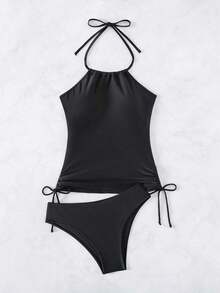 Conjunto de top de tankini con cuello halter y Bottom con estampado de palmeras, cordón y fruncido, para vacaciones y playa - Negro - Ver 5