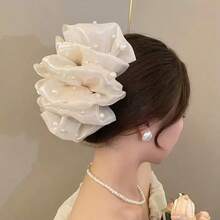 1件女款法式浪漫風純色亮面歐根紗大號雲朵髮夾，附白色蝴蝶結，夏季海灘髮飾抓夾 - 米色珍珠 - 查看 4