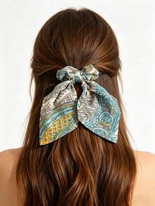 Bộ 3 chiếc dây buộc tóc scrunchies lụa satin, khăn buộc tóc họa tiết hoa nghệ thuật cho tóc đuôi ngựa, dây chun buộc tóc - Màu be - Xem 7