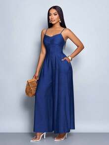 Mono de pierna ancha con escote drapeado, cuello drapeado, cordones en la espalda para mujer, para uso diario y vacaciones - Azul marino - Ver 7