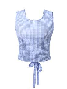 Áo croptop không tay cổ tròn kẻ caro xanh trắng dành cho nữ, thiết kế buộc dây phía sau, áo tank top mùa hè thoải mái, mặc hàng ngày, quà tặng cho bạn gái/vợ, quà kỷ niệm. - Màu xanh lam - Xem 4