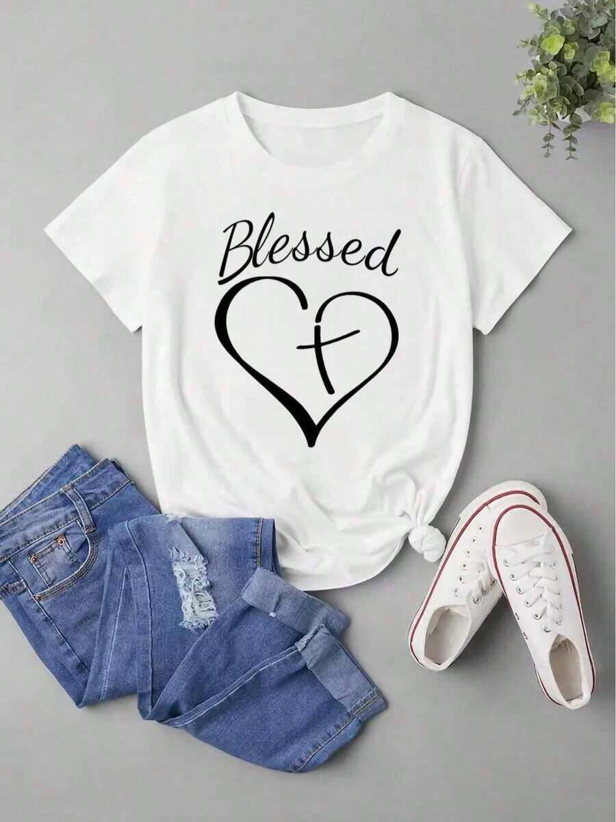 Women's Clothing. Tropical Vacation Outfits For Women, Short-Sleeved T-Shirt With A Round Neck And A Sacred Heart And Cross Design, Suitable As A Valentine's Day Gift. 100% Cotton Outfits, Women's Shirts - 白色 - 查看 1