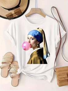 Women's Casual Short Sleeve T-Shirt - Girl Design With Pearl Earring Blowing A Pink Gum Stick, Round Neck, Summer Top, Machine Washable, Ladies' T-Shirts, Casual Wear, Modern Style, Comfortable Fit

-White - 白色 - 查看 2