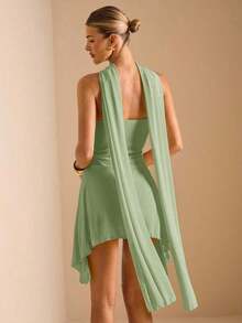 Vestido corto de gasa con escote en V profundo y cinta de color negro sólido, adecuado para citas diarias, salidas nocturnas, discotecas, fiestas, reuniones, fiestas de cóctel, monos de vacaciones, fiestas en la piscina, ropa de oficina, vestidos para ir y venir - verde menta - Ver 2