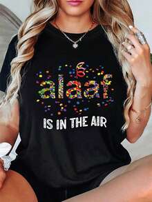 100% Cotton T-Shirt, A Spring/Summer Garment For Women, T-Shirt With Colorful Polka Dot Print "Alaf In The Air", Round Neck, Short Sleeve, Casual Fashion Top, Elegant Party Wear, Loose Fit, Holiday Gift, Fun Design, Daily Wear, T-Shirt For Being At Home. - 黑色 - 查看 7
