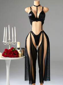 2026 Hot   Sheer Mesh Sexy Bodysuit Women's Black Glossy Lingerie With Halter Neck Decoration + - 黑色 - 查看 7