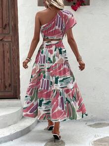 Elegant Green Fitted Short-Sleeved Blouse With Asymmetrical Shoulder + Elegant Beige A-Line Fitted Skirt, Perfect For Vacation/Resort Wear - 白色 - 查看 2