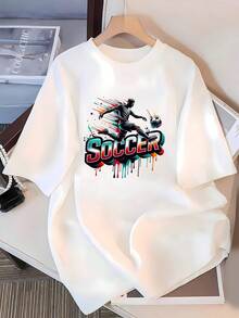 Dynamic Soccer Player In Full Action With Ball And Colorful Paint Effects Symbolizing Energy, Passion And Modern Urban Movement. Women's T-Shirt, 100% Cotton, Comfortable For Everyday Casual Sporty Wear. - 白色 - 查看 3