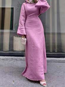 Women's Casual Elegant Solid Color Muslim Robe, Slim Fit Long Dress Suitable For All Seasons And Vacation - Deep Pink - View 1