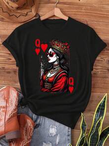 T-Shirt With Queen Of Hearts Card Print, Short Sleeves And Round Neck, Casual Top For Summer And Spring, Women's Clothing - 黑色 - 查看 2
