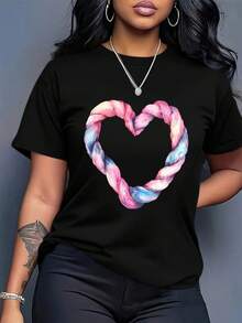 1 camiseta holgada de estilo bohemio para mujer de talla grande - estampado de corazones en degradado rosa y azul, cuello redondo, manga corta, estilo casual en degradado de rosa suave a azul, lavable a máquina, versátil para todas las estaciones, 180g 100% algodón. - Negro - Ver 2