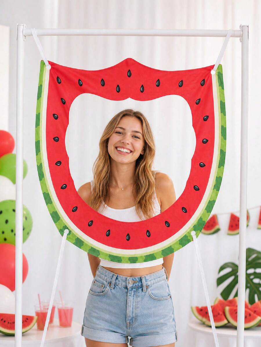 1 pieza Marco de fotos con forma de rebanada de sandía - Marco de selfie tropical de verano, soporte fotográfico plegable de poliéster para fiesta de piscina, barbacoa, fiesta de playa y luau - Accesorios para fotos de extraterrestres - Ver 1