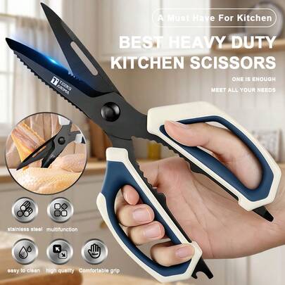 Black Coated/Stainless Steel Scissors - Heavy Duty Blades, Essential Kitchen Accessory & Tool - Suitable For Chicken Bones, Meats & More - Easy To Clean, Prevents Food Splatter - Great Housewarming Gift For Home Chefs, Restaurants & Food Prep