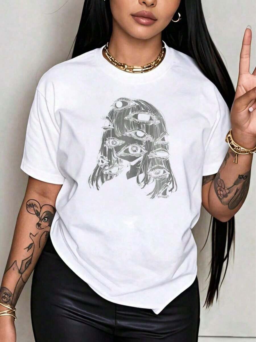 Under The Radar Crew Neck Funny Print Black Graphic T-Shirt With Multi-Eyes Artistic Design, Plus Size Casual Top For Women, Unisex Fashion T-Shirt, Ideal For Party Gifts - Vintage Urban Style, Unisex Loose Fit Cotton Short Sleeve Crew Neck T-Shirt - 白色 - 查看 1