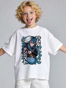 Boys' Summer T-Shirt 2026, Casual, Soft, Crew Neck, Short Sleeve, With A Graphic Print Of An Anime-Style Blue-Haired Character, Suitable For Everyday Casual Wear. Black Y2K Style T-Shirt. - 白色 - 查看 3