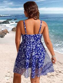 Traje de baño de una pieza con estampado retro y tirantes de malla de contraste para mujer de talla grande - Azul marino - Ver 2