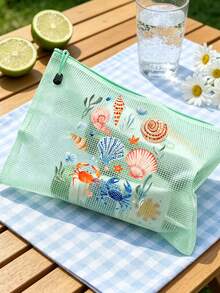 Multi Color Waterproof Fashionable Mesh Beach Bag, Colorful "Marine Creatures And Shells" Printed Makeup Bag, Beach Theme. Large Capacity Transparent Makeup Bag - Multicolor - View 8
